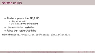 Netmap (2012)
Similar approach than PF_RING
skip kernel path
put in ring buffer and discard
User access the ring buffer
Paired with network card ring
More info http://queue.acm.org/detail.cfm?id=2103536
Éric Leblond (Stamus Networks) Kernel packet capture technologies October 1, 2015 42 / 54
 