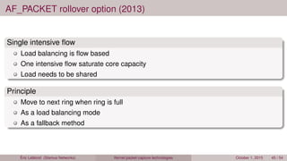 AF_PACKET rollover option (2013)
Single intensive ﬂow
Load balancing is ﬂow based
One intensive ﬂow saturate core capacity
Load needs to be shared
Principle
Move to next ring when ring is full
As a load balancing mode
As a fallback method
Éric Leblond (Stamus Networks) Kernel packet capture technologies October 1, 2015 45 / 54
 