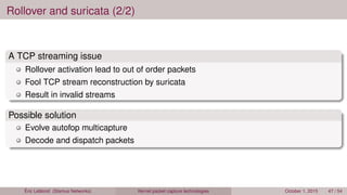 Rollover and suricata (2/2)
A TCP streaming issue
Rollover activation lead to out of order packets
Fool TCP stream reconstruction by suricata
Result in invalid streams
Possible solution
Evolve autofop multicapture
Decode and dispatch packets
Éric Leblond (Stamus Networks) Kernel packet capture technologies October 1, 2015 47 / 54
 