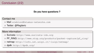 Conclusion (2/2)
Do you have questions ?
Contact me
Mail: eleblond@stamus-networks.com
Twitter: @Regiteric
More information
Suricata: http://www.suricata-ids.org
PF_RING: http://www.ntop.org/products/packet-capture/pf_ring/
netmap: http://info.iet.unipi.it/~luigi/netmap/
dpdk: http://dpdk.org/
Éric Leblond (Stamus Networks) Kernel packet capture technologies October 1, 2015 54 / 54
 