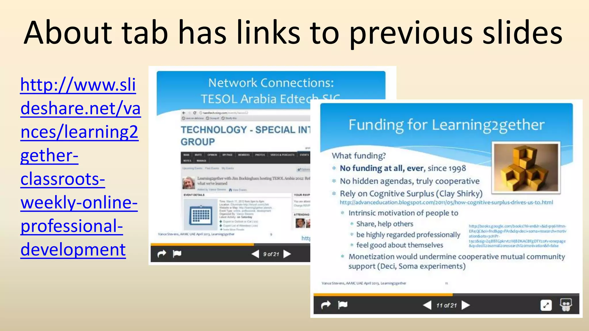 About tab has links to previous slides
http://www.sli
deshare.net/va
nces/learning2
gether-
classroots-
weekly-online-
professional-
development
 