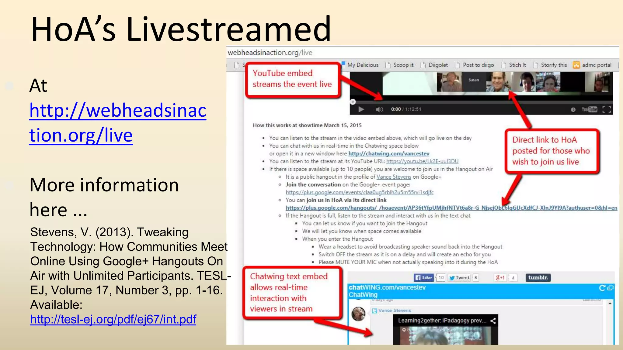 HoA’s Livestreamed
● At
http://webheadsinac
tion.org/live
● More information
here ...
Stevens, V. (2013). Tweaking
Technology: How Communities Meet
Online Using Google+ Hangouts On
Air with Unlimited Participants. TESL-
EJ, Volume 17, Number 3, pp. 1-16.
Available:
http://tesl-ej.org/pdf/ej67/int.pdf
 