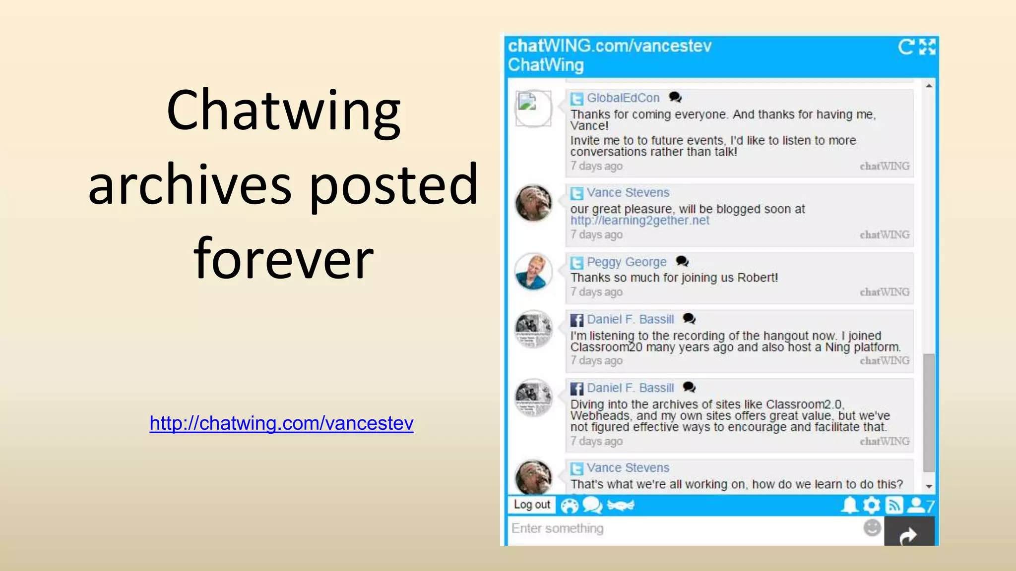 Chatwing
archives posted
forever
http://chatwing.com/vancestev
 