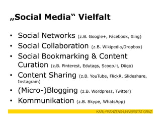 • Social Networks (z.B. Google+, Facebook, Xing)
• Social Collaboration (z.B. Wikipedia,Dropbox)
• Social Bookmarking & Content
Curation (z.B. Pinterest, Edutags, Scoop.it, Diigo)
• Content Sharing (z.B. YouTube, FlickR, Slideshare,
Instagram)
• (Micro-)Blogging (z.B. Wordpress, Twitter)
• Kommunikation (z.B. Skype, WhatsApp)
„Social Media“ Vielfalt
 