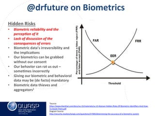 www.owasp.org
@drfuture	
  on	
  Biometrics	
  
1Source:	
  
h+ps://www.blackhat.com/docs/us-­‐15/materials/us-­‐15-­‐Keenan-­‐Hidden-­‐Risks-­‐Of-­‐Biometric-­‐IdenFﬁers-­‐And-­‐How-­‐
To-­‐Avoid-­‐Them.pdf	
  	
  
Diagram	
  Source:	
  	
  
h+p://security.stackexchange.com/quesFons/57589/determining-­‐the-­‐accuracy-­‐of-­‐a-­‐biometric-­‐system	
  	
  	
  	
  
Hidden	
  Risks	
  
•  Biometric	
  reliability	
  and	
  the	
  
percep,on	
  of	
  it	
  	
  
•  Lack	
  of	
  discussion	
  of	
  the	
  
consequences	
  of	
  errors	
  
•  Biometric	
  data’s	
  irreversibility	
  and	
  
the	
  implicaFons	
  
•  Our	
  biometrics	
  can	
  be	
  grabbed	
  
without	
  our	
  consent	
  
•  Our	
  behavior	
  can	
  rat	
  us	
  out	
  –	
  
someFmes	
  incorrectly	
  
•  Giving	
  our	
  biometric	
  and	
  behavioral	
  
data	
  may	
  be	
  (de	
  facto)	
  mandatory	
  
•  Biometric	
  data	
  thieves	
  and	
  
aggregators1	
  
	
  	
  
	
  	
  
Threshold	
  	
  
 