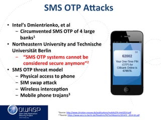 www.owasp.org
•  Intel’s	
  Dmientrienko,	
  et	
  al	
  
-  Circumvented	
  SMS	
  OTP	
  of	
  4	
  large	
  
banks1	
  
•  Northeastern	
  University	
  and	
  Technische	
  
Universität	
  Berlin	
  	
  
-  “SMS	
  OTP	
  systems	
  cannot	
  be	
  
considered	
  secure	
  anymore”2	
  
•  SMS	
  OTP	
  threat	
  model	
  
-  Physical	
  access	
  to	
  phone	
  
-  SIM	
  swap	
  ajack	
  
-  Wireless	
  intercepFon	
  
-  Mobile	
  phone	
  trojans3	
  
SMS	
  OTP	
  Ajacks	
  
1Source:	
  h+p://www.chrisFan-­‐rossow.de/publicaFons/mobile2FA-­‐intel2014.pdf	
  	
  
2,3Source:	
  h+ps://www.eecs.tu-­‐berlin.de/ﬁleadmin/f4/TechReports/2014/tr_2014-­‐02.pdf	
  
	
  
 