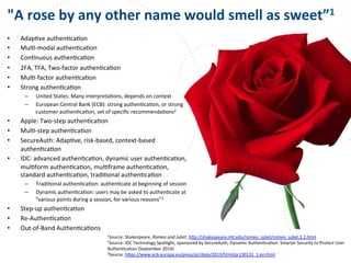 www.owasp.org
"A	
  rose	
  by	
  any	
  other	
  name	
  would	
  smell	
  as	
  sweet”1	
  
•  AdapFve	
  authenFcaFon	
  
•  MulF-­‐modal	
  authenFcaFon	
  
•  ConFnuous	
  authenFcaFon	
  
•  2FA,	
  TFA,	
  Two-­‐factor	
  authenFcaFon	
  
•  MulF-­‐factor	
  authenFcaFon	
  
•  Strong	
  authenFcaFon	
  
–  United	
  States:	
  Many	
  interpretaFons,	
  depends	
  on	
  context	
  
–  European	
  Central	
  Bank	
  (ECB):	
  strong	
  authenFcaFon,	
  or	
  strong	
  
customer	
  authenFcaFon,	
  set	
  of	
  speciﬁc	
  recommendaFons2	
  
•  Apple:	
  Two-­‐step	
  authenFcaFon	
  
•  MulF-­‐step	
  authenFcaFon	
  
•  SecureAuth:	
  AdapFve,	
  risk-­‐based,	
  context-­‐based	
  
authenFcaFon	
  	
  
•  IDC:	
  advanced	
  authenFcaFon,	
  dynamic	
  user	
  authenFcaFon,	
  
mulFform	
  authenFcaFon,	
  mulFframe	
  authenFcaFon,	
  
standard	
  authenFcaFon,	
  tradiFonal	
  authenFcaFon	
  
–  TradiFonal	
  authenFcaFon:	
  authenFcate	
  at	
  beginning	
  of	
  session	
  
–  Dynamic	
  authenFcaFon:	
  users	
  may	
  be	
  asked	
  to	
  authenFcate	
  at	
  
“various	
  points	
  during	
  a	
  session,	
  for	
  various	
  reasons”3	
  
•  Step-­‐up	
  authenFcaFon	
  
•  Re-­‐AuthenFcaFon	
  
•  Out-­‐of-­‐Band	
  AuthenFcaFons	
  
1Source:	
  Shakespeare,	
  Romeo	
  and	
  Juliet,	
  h+p://shakespeare.mit.edu/romeo_juliet/romeo_juliet.2.2.html	
  	
  
1Source:	
  IDC	
  Technology	
  Spotlight,	
  sponsored	
  by	
  SecureAuth,	
  Dynamic	
  AuthenFcaFon:	
  Smarter	
  Security	
  to	
  Protect	
  User	
  
AuthenFcaFon	
  (September	
  2014)	
  	
  	
  
2Source:	
  h+ps://www.ecb.europa.eu/press/pr/date/2013/html/pr130131_1.en.html	
  	
  
	
  
 