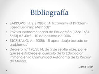 Bibliografía
• BARROWS, H. S. (1986): “A Taxonomy of Problem-
Based Learning Methods”
• Revista Iberoamericana de Educació...