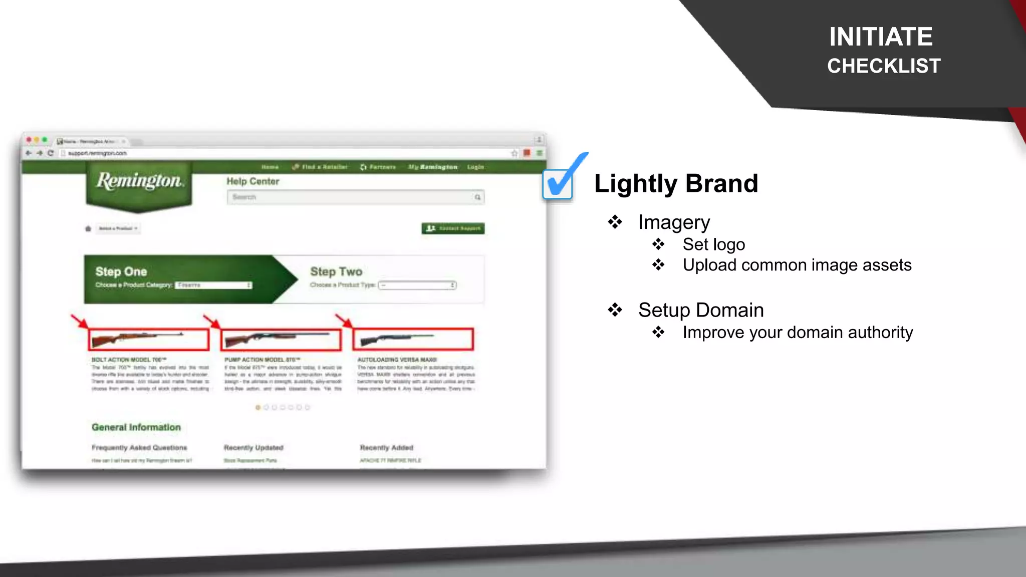 INITIATE
CHECKLIST
Lightly Brand
 Imagery
 Set logo
 Upload common image assets
 Setup Domain
 Improve your domain authority
 