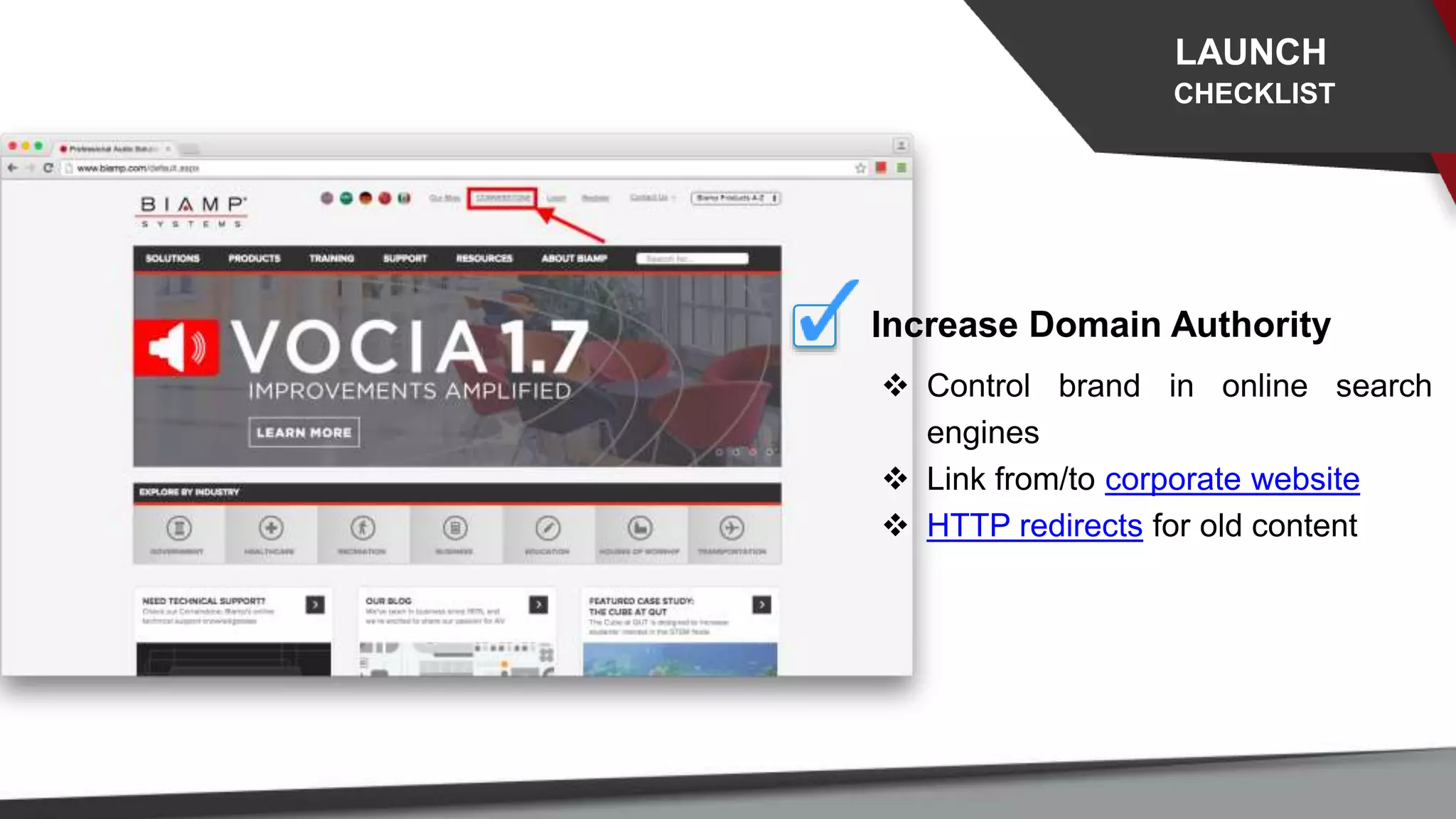 Increase Domain Authority
 Control brand in online search
engines
 Link from/to corporate website
 HTTP redirects for old content
LAUNCH
CHECKLIST
 