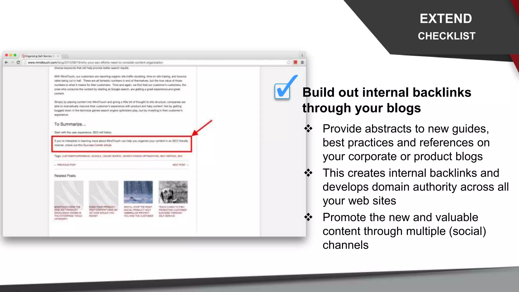 Build out internal backlinks
through your blogs
 Provide abstracts to new guides,
best practices and references on
your corporate or product blogs
 This creates internal backlinks and
develops domain authority across all
your web sites
 Promote the new and valuable
content through multiple (social)
channels
EXTEND
CHECKLIST
 