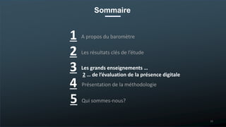 Sommaire
A propos du baromètre
Les grands enseignements …
2 … de l’évaluation de la présence digitale
Présentation de la méthodologie
1
2
3
4
Les résultats clés de l’étude
16
Qui sommes-nous?5
 