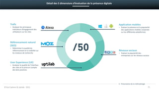 Détail des 5 dimensions d’évaluation de la présence digitale
Trafic
› Analyser les principaux
indicateurs d’engagement des
utilisateurs sur les sites
Référencement naturel
(SEO)
› Déterminer la qualité du
référencement et la visibilité sur
les moteurs de recherche
User Experience (UX)
› Analyser la qualité de l’interface
des sites et la prise en compte
des best practices
Application mobiles
› Evaluer la présence et la popularité
des applications mobiles corporate
sur les différentes plateformes
Réseaux sociaux
› Evaluer la popularité des
entreprises sur les réseaux sociaux
© Kurt Salmon & Uptilab - 2015 25
4. Présentation de la méthodologie
 