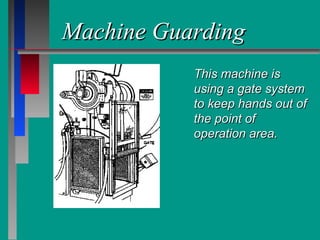 Machine GuardingMachine Guarding
This machine isThis machine is
using a gate systemusing a gate system
to keep hands out ofto keep hands out of
the point ofthe point of
operation area.operation area.
 