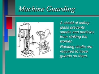 Machine GuardingMachine Guarding
A shield of safetyA shield of safety
glass preventsglass prevents
sparks and particlessparks and particles
from striking thefrom striking the
worker.worker.
Rotating shafts areRotating shafts are
required to haverequired to have
guards on them.guards on them.
 