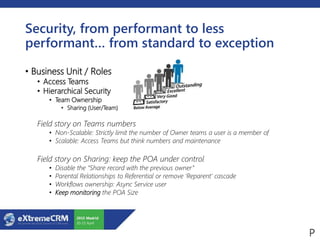 Security, from performant to less
performant… from standard to exception
• Business Unit / Roles
• Access Teams
• Hierarchical Security
• Team Ownership
• Sharing (User/Team)
Field story on Teams numbers
• Non-Scalable: Strictly limit the number of Owner teams a user is a member of
• Scalable: Access Teams but think numbers and maintenance
Field story on Sharing: keep the POA under control
• Disable the “Share record with the previous owner”
• Parental Relationships to Referential or remove ‘Reparent’ cascade
• Workflows ownership: Async Service user
• Keep monitoring the POA Size
 