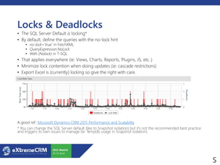 Locks & Deadlocks
• The SQL Server Default is locking*
• By default, define the queries with the no-lock hint
• no-lock='true‘ in FetchXML
• QueryExpression.NoLock
• With (Nolock) in T-SQL
• That applies everywhere (ie: Views, Charts, Reports, Plugins, JS, etc..)
• Minimize lock contention when doing updates (ie: cascade restrictions)
• Export Excel is (currently) locking so give the right with care.
A good ref.: Microsoft Dynamics CRM 2015 Performance and Scalability
* You can change the SQL Server default (like to Snapshot isolation) but it’s not the recommended best practice
and triggers its own issues to manage (ie: Tempdb usage in Snapshot isolation)
 