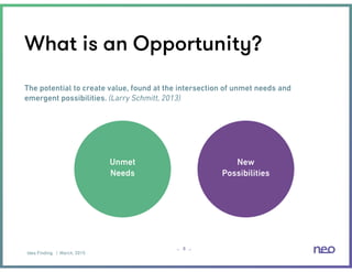 Idea Finding | March, 2015
– –
What is an Opportunity?
8
The potential to create value, found at the intersection of unmet...