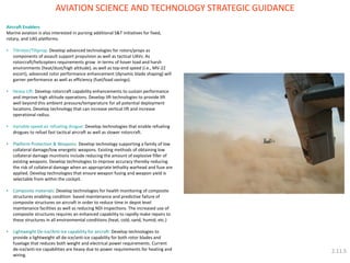 AVIATION SCIENCE AND TECHNOLOGY STRATEGIC GUIDANCE 
Aircraft Enablers Marine aviation is also interested in pursing additional S&T initiatives for fixed, rotary, and UAS platforms. 
•Tiltrotor/Tiltprop: Develop advanced technologies for rotors/props as components of assault support propulsion as well as tactical UAVs. As rotorcraft/helicopters requirements grow in terms of hover load and harsh environments (heat/dust/high altitude), as well as top-end speed (i.e., MV-22 escort), advanced rotor performance enhancement (dynamic blade shaping) will garner performance as well as efficiency (fuel/load savings). 
•Heavy Lift: Develop rotorcraft capability enhancements to sustain performance and improve high altitude operations. Develop lift technologies to provide lift well beyond this ambient pressure/temperature for all potential deployment locations. Develop technology that can increase vertical lift and increase operational radius. 
•Variable-speed air refueling drogue: Develop technologies that enable refueling drogues to refuel fast tactical aircraft as well as slower rotorcraft. 
•Platform Protection & Weapons: Develop technology supporting a family of low collateral damage/low energetic weapons. Existing methods of obtaining low collateral damage munitions include reducing the amount of explosive filler of existing weapons. Develop technologies to improve accuracy thereby reducing the risk of collateral damage when an appropriate lethality warhead and fuse are applied. Develop technologies that ensure weapon fusing and weapon yield is selectable from within the cockpit. 
•Composite materials: Develop technologies for health monitoring of composite structures enabling condition based maintenance and predictive failure of composite structures on aircraft in order to reduce time in depot level maintenance facilities as well as reducing NDI inspections. The increased use of composite structures requires an enhanced capability to rapidly make repairs to these structures in all environmental conditions (heat, cold, sand, humid, etc.) 
•Lightweight De-ice/Anti-ice capability for aircraft: Develop technologies to provide a lightweight all de-ice/anti-ice capability for both rotor blades and fuselage that reduces both weight and electrical power requirements. Current de-ice/anti-ice capabilities are heavy due to power requirements for heating and wiring. 
2.11.5  