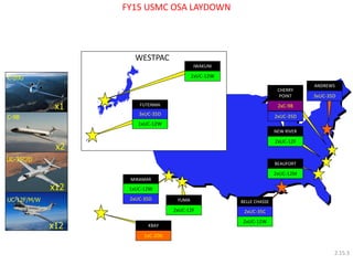 WESTPAC 
C-20G 
UC-12F/M/W 
FUTENMA 
MIRAMAR 
YUMA BELLE CHASSE 
ANDREWS 
CHERRY 
POINT 
NEW RIVER 
BEAUFORT 
1xUC-12W 
2xUC-12W 
2xUC-12F 
2xUC-12M 
3xUC-35D 
2xC-9B 
3xUC-35D 
2xUC-35D 
2xUC-35C 
2xUC-35D 
2xUC-12F 
KBAY 
1xC-20G 
IWAKUNI 
2xUC-12W 
x1 
x12 
1xUC-12W 
C-9B 
x2 
UC-35C/D 
x12 
FY15 USMC OSA LAYDOWN 
2.15.3 
 