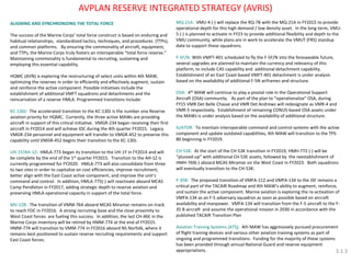 ALIGNING AND SYNCHRONIZING THE TOTAL FORCE 
The success of the Marine Corps’ total force construct is based on enduring and habitual relationships, standardized tactics, techniques, and procedures (TTPs), and common platforms. By ensuring the commonality of aircraft, equipment, and TTPs, the Marine Corps truly fosters an interoperable “total force reserve.” Maintaining commonality is fundamental to recruiting, sustaining and employing this essential capability. 
HQMC (AVN) is exploring the restructuring of select units within 4th MAW, optimizing the reserves in order to efficiently and effectively augment, sustain and reinforce the active component. Possible initiatives include the establishment of additional VMFT squadrons and detachments and the reincarnation of a reserve HMLA. Programmed transitions include: 
KC-130J: The accelerated transition to the KC-130J is the number one Reserve aviation priority for HQMC. Currently, the three active MAWs are providing aircraft in support of this critical initiative. VMGR-234 began receiving their first aircraft in FY2014 and will achieve IOC during the 4th quarter FY2015. Legacy VMGR-234 personnel and equipment will transfer to VMGR-452 to preserve this capability until VMGR-452 begins their transition to the KC-130J. 
UH-1Y/AH-1Z: HMLA-773 began its transition to the UH-1Y in FY2014 and will be complete by the end of the 1st quarter FY2015. Transition to the AH-1Z is currently programmed for FY2020. HMLA-773 will also consolidate from three to two sites in order to capitalize on cost efficiencies, improve recruitment, better align with the East Coast active component, and improve the unit’s command and control. In addition, HMLA-775(-) will reactivate aboard MCAS Camp Pendleton in FY2017, adding strategic depth to reserve aviation and preserving HMLA operational capacity in support of the total force. 
MV-22B: The transition of VMM-764 aboard MCAS Miramar remains on-track to reach FOC in FY2016. A strong recruiting base and the close proximity to West Coast forces are fueling this success. In addition, the last CH-46E in the Marine Corps inventory will be retired by HMM-774 at the end of FY2015. HMM-774 will transition to VMM-774 in FY2016 aboard NS Norfolk, where it remains best positioned to sustain reserve recruiting requirements and support East Coast forces. 
AVPLAN RESERVE INTEGRATED STRATEGY (AVRIS) 
MQ-21A: VMU-4 (-) will replace the RQ-7B with the MQ-21A in FY2015 to provide operational depth for this high demand / low density asset. In the long-term, VMU- 5 (-) is planned to activate in FY23 to provide additional flexibility and depth to the VMU community, while plans are in work to accelerate the VMUT (FRS) standup date to support these squadrons. F-5F/N: With VMFT-401 scheduled to fly the F-5F/N into the foreseeable future, several upgrades are planned to maintain the currency and relevancy of this platform, to include CAS capability and additional detachment capability. Establishment of an East Coast-based VMFT-401 detachment is under analysis based on the availability of additional F-5N airframes and structure. OSA: 4th MAW will continue to play a pivotal role in the Operational Support Aircraft (OSA) community. As part of the plan to “operationalize” OSA, during FY15 VMR Det Belle Chasse and VMR Det Andrews will redesignate as VMR-4 and VMR-5 respectively. Establishment of remaining CONUS-based OSA assets under the MAWs is under analysis based on the availability of additional structure. G/ATOR: To maintain interoperable command and control systems with the active component and update outdated capabilities, 4th MAW will transition to the TPS- 80 beginning in FY2019. CH-53K: At the start of the CH-53K transition in FY2019, HMH-772 (-) will be “plussed-up” with additional CH-53E assets, followed by the reestablishment of HMH-769(-) aboard MCAS Miramar on the West Coast in FY2023. Both squadrons will eventually transition to the CH-53K. F-35B: The proposed transition of VMFA-112 and VMFA-134 to the JSF remains a critical part of the TACAIR Roadmap and 4th MAW’s ability to augment, reinforce, and sustain the active component. Marine aviation is exploring the re-activation of VMFA-134 as an F-5 adversary squadron as soon as possible based on aircraft availability and manpower. VMFA-134 will transition from the F-5 aircraft to the F- 35 B aircraft and assume the operational mission in 2030 in accordance with the published TACAIR Transition Plan Aviation Training Systems (ATS): 4th MAW has aggressively pursued procurement of flight training devices and various other aviation training systems as part of ongoing and programmed transitions. Funding for the majority of these systems has been provided through annual National Guard and reserve equipment appropriations. 
3.1.3  