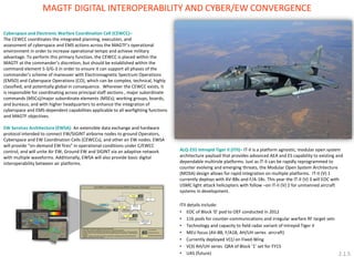Cyberspace and Electronic Warfare Coordination Cell (CEWCC)– The CEWCC coordinates the integrated planning, execution, and assessment of cyberspace and EMS actions across the MAGTF’s operational environment in order to increase operational tempo and achieve military advantage. To perform this primary function, the CEWCC is placed within the MAGTF at the commander’s discretion, but should be established within the command element S-3/G-3 in order to ensure it can support all phases of the commander’s scheme of maneuver with Electromagnetic Spectrum Operations (EMSO) and Cyberspace Operations (CO), which can be complex, technical, highly classified, and potentially global in consequence. Wherever the CEWCC exists, it is responsible for coordinating across principal staff sections , major subordinate commands (MSCs)/major subordinate elements (MSEs); working groups, boards, and bureaus; and with higher headquarters to enhance the integration of cyberspace and EMS-dependent capabilities applicable to all warfighting functions and MAGTF objectives. EW Services Architecture (EWSA)- An extensible data exchange and hardware protocol intended to connect EW/SIGINT airborne nodes to ground Operators, Cyberspace and EW Coordination Cells (CEWCCs), and other air EW nodes. EWSA will provide “on-demand EW fires” in operational conditions under C/EWCC control, and will unite Air EW, Ground EW and SIGINT via an adaptive network with multiple waveforms. Additionally, EWSA will also provide basic digital interoperability between air platforms. 
MAGTF DIGITAL INTEROPERABILITY AND CYBER/EW CONVERGENCE 
ALQ-231 Intrepid Tiger II (ITII)– IT-II is a platform agnostic, modular open system architecture payload that provides advanced AEA and ES capability to existing and dependable multirole platforms. Just as IT-II can be rapidly reprogrammed to counter evolving and emerging threats, the Modular Open System Architecture (MOSA) design allows for rapid integration on multiple platforms. IT-II (V) 1 currently deploys with AV-8Bs and F/A-18s. This year the IT-II (V) 3 will EOC with USMC light attack helicopters with follow –on IT-II (V) 2 for unmanned aircraft systems in development. 
ITII details include: 
•EOC of Block ‘0’ pod to OEF conducted in 2012 
•116 pods for counter-communications and irregular warfare RF target sets 
•Technology and capacity to field radar variant of Intrepid Tiger II 
•MEU focus (AV-8B, F/A18, AH/UH series aircraft) 
•Currently deployed V(1) on Fixed-Wing 
•V(3) AH/UH series QRA of Block ‘1’ set for FY15 
•UAS (future) 
2.1.5  