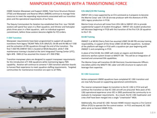 HQMC Aviation Manpower and Support (ASM), Total Force Structure Division (TFSD) and Manpower and Reserve Affairs (M&RA) continue to manage finite resources to meet the expanding requirements associated with our transition plans and the operational requirements of our force. The Deputy Commandant for Aviation has established that first- tour TACAIR aviators will spend four years in a fleet squadron, and tiltrotor and helicopter pilots three years in a fleet squadron, with no individual augment commitment, before those aviators become eligible for PCS orders. F-35B Transition Manpower requirements have been programmed to support all squadron transitions from legacy TACAIR TMSs (F/A-18A/C/D, EA-6B and AV-8B) to F-35B and the activation of FRS squadrons through the end of the transition. The first F-35B FRS (VMFAT-501) is located at MCAS Beaufort, while F-35B maintenance training is located at the Joint Integrated Training Center (JITC), Eglin AFB. VMX-22 has assumed the mission of F-35B OT&E. Transition manpower plans are designed to support manpower requirements for the introduction of F-35B squadrons while maintaining legacy TMS capability. Aviation will continue to convene F-35B transition selection boards to harvest fleet experience to meet squadron staffing requirements. Targeted communities for maintenance transition are open to all TMSs. 
F/A-18A/C/D FRS Training 
VMFAT-101 is now supported by an O-6 command as it prepares to become the Marine Corps’ sole F/A-18 aircrew producer with the divesture of VFA- 106’s legacy production in FY18. 
Marine Corps structure will move from VFA-106 to VMFAT-101 to provide supplemental support of student throughput. VMFAT-101 student production will decrease beginning in FY18 with the transition of the first F/A-18 squadron to the F-35. 
EA-6B Training 
VMAQT-1 at MCAS Cherry Point has assumed USMC EA-6B FRS aircrew training responsibility, in support of the three USMC EA-6B fleet squadrons. Sundown of the platform will begin in FY16 with a squadron per year beginning with VMAQT-1 and completing in FY19. 
In place of the EA-6B, the USMC will create an organic and distributed electronic warfare system known as MAGTF EW. This will be an integration of manned and unmanned EW capabilities. 
The Marine Corps will transition EA-6B Electronic Countermeasures Officers into billets within the MAGTF EW, cyber and UAS structure to capture and leverage their expertise. 
KC-130J Conversion 
Active component VMGR squadrons have completed KC-130J transition and are now fully focused on supporting operational commitments. 
The reserve component began its transition to the KC-130J in FY14 and will continue the transition as new KC-130J aircraft are procured. Nine years of KC- 130J operational experience since IOC in 2005 positioned the community to re- evaluate its manpower requirements. As a result, the KC-130J loadmaster and crew chief have been merged into a single “crewmaster” MOS. 
Additionally, the armed KC-130J Harvest HAWK mission requires a Fire Control Officer (FCO) to operate the fire control station. In FY15 and beyond, KC-130J pilots serve as Harvest HAWK FCOs. 
MANPOWER CHANGES WITH A TRANSITIONING FORCE 
3.8.4  