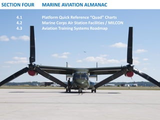 SECTION FOUR 
MARINE AVIATION ALMANAC 
4.1 
Platform Quick Reference “Quad” Charts 
4.2 
Marine Corps Air Station Facilities / MILCON 
4.3 
Aviation Training Systems Roadmap  