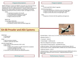 Program Descriptions 
Working Issues 
Performance / Systems 
•Combat Radius – 30 min. out; 1 hr. 45 min. TOS - 30 min RTB; 20 min. reserve 
•Weapons Stations - 5 
• Top Speed – Subsonic 
• Empty Weight – 34,000 pounds 
•Max Gross Weight & Use Payload – 61,500 pounds 
•Cruise Speed w/ Attack Payload – 0.86 IMN with Stores 
• Offensive Systems –ICAP III ALQ-218 Receiver and ALQ-99 pods; USQ-113 Communications Jammer; AGM-88 HARM; LITENING Pod; ALE-43 Bulk Chaff Pod 
• Defensive Systems – ALE-47 
• Network Systems - Multi-functional Info Distribution System (MIDS) with Link 16; Multi-mission Advanced Tactical Terminal / Integrated Broadcast System (MATT/IBS) 
MAGTF EW Mission: Support the MAGTF commander by conducting airborne electronic warfare, day or night, under all weather conditions during expeditionary, joint, or combined operations. Increase combat survivability of ground forces, assault support and strike aircraft & weapons by denying, degrading, disrupting the enemy’s ability to target and engage our forces. EA-6B 
•3 operational squadrons of 6 aircraft 
•1 Fleet Replacement Squadron of 6 aircraft 
•Transition to ICAP III completed in 2012 
•Program of Record into 2019 MAGTF EW Intrepid Tiger II (ALQ-231) 
•AV-8B, F/A18, AH/UH series aircraft 
•116 pods for counter-comms and IW RF target sets 
MAGTF EW 
•ICD approved 
•CPD in work EA-6B 
•ICAP III transition complete 
•VMAQT-1 (FRS) FOC April 2014 ALQ-231 Intrepid Tiger II 
•EOC of Block ‘0’ pod conducted in OEF in 2012 
•MEU focused – 
•Organic EW capability/ two MEU deployments completed 
•Currently deployed on AV-8B 
•AH/UH series QRA set for 1st Qtr FY15 
•F/A-18 EOC currently underway with deployed squadron 
EA-6B Prowler and AEA Systems 
EA-6B: 
•Fully funded ICAP III Block 7 upgrades ALQ-231 Intrepid Tiger II: 
•Continued development of AH/UH variant of Intrepid Tiger II 
•Program to field radar variant of Intrepid Tiger II (Block X) 
•Program to field UAS variant of Intrepid Tiger II (V2) F-35B: 
•Expansion of inherent JSF EW capabilities and target sets 
4.1.4 
Program Update  
