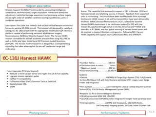 KC-130J Harvest HAWK 
Program Description 
Program Update 
Working Issues 
Performance / Systems 
• Combat Radius . . . . . . . . . . . . . 300 nm 
• On-station time at radius. . . . . . . 8+hrs 
• Maximum Speed . . . . . . . . . . . . 250 kts 
• Operational Ceiling . . . . . . . . .25,000 ft Systems: 
• Sensor . . . . . . . . . . . . . . . . . . AN/AAQ-30 Target Sight System (TSS) FLIR/Camera, 3rd Gen Mid Wave FLIR with Color Camera optimizes D/R/I ranges, Laser Range Finder and Designator 
• Fire Control . . . . . . . . . . . . . . Lockheed Martin Littoral Combat Ship Fire Control Station (FCS), SOCOM Battle Management System (BMS) Weapons: (2 Air to Ground Weapons Stations) 
• (4) Wing mounted AGM-114 HELLFIRE 
• (2) shot pressurized SOPGM launcher integrated into right hand paratroop door 
•Interoperability: . . . . . . . . . .AN/ARC-210 Havequick / SINCGARS Radio, UHF frequency hopping system, SATCOM, Rover IV Down Link 
Mission: Support the MAGTF commander by conducting intelligence, surveillance, reconnaissance, target acquisition, indirect and direct fires adjustment, battlefield damage assessment and destroying surface targets day or night under all weather conditions during expeditionary, joint, or combined operations. Description: The USMC has fielded a bolt-on/bolt-off ISR/weapon mission kit for use on existing KC-130J aircraft. This mission kit is designed to rapidly re- configure a KC-130J aircraft with the appropriate modifications (A-kit) into a platform capable of performing persistent Multi-sensor Imagery Reconnaissance (MIR) and Close Air Support (CAS). The Harvest HAWK mission kit enables the aircraft to deliver precision fires using HELLFIRE as well as Griffin and Viper Strike Stand Off Precision Guided Munitions (SOPGM). The Harvest HAWK mission kit is designed as a complementary capability that takes advantage of the aircraft’s extended range and endurance. 
Status: The capability first deployed in support of OEF in October, 2010 and has experienced overwhelming success in theater. Feedback from supported units is outstanding. Ten aircraft have been modified with A-kits to accept the Harvest HAWK mission D-kit and Six mission D-kits have been delivered to the Fleet. MROC Decision Memorandum 19-2012 stated the baseline Harvest HAWK requirement is for continuous support to OEF with one mission kit, satisfied through six full (A+D) kits; three kits at 2nd MAW and three kits at 3rd MAW, and that global sourcing of Harvest HAWK assets will be required to support Westpac contingencies. Following OEF, Harvest HAWK capability will support each CONUS based MEU and SPMAGTF. 
Future upgrades (FY16 and beyond): 
•Relocate a more capable sensor and regain the 18k lb fuel capacity. 
•Upgrade mission operators pallet 
•Hellfire P+ compatibility. 
•Full Motion Video (FMV)/Common Tactical Data Link. 
•Digitally Aided CAS. 
•JAGM . 
4.1.6  