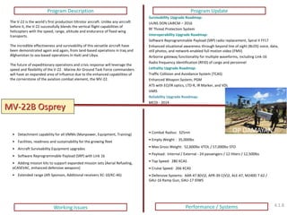 MV-22B Osprey 
Program Description 
Program Update 
Working Issues 
• Combat Radius: 325nm 
• Empty Weight : 35,000lbs 
• Max Gross Weight: 52,600lbs VTOL / 57,000lbs STO 
• Payload: Internal / External - 24 passengers / 12 litters / 12,500lbs 
• Top Speed: 280 KCAS 
• Cruise Speed: 266 KCAS 
• Defensive Systems: AAR-47 B(V)2, APR-39 C(V)2, ALE-47, M240D 7.62 / GAU-16 Ramp Gun, GAU-17 IDWS 
The V-22 is the world’s first production tiltrotor aircraft. Unlike any aircraft before it, the V-22 successfully blends the vertical flight capabilities of helicopters with the speed, range, altitude and endurance of fixed-wing transports. The incredible effectiveness and survivability of this versatile aircraft have been demonstrated again and again, from land-based operations in Iraq and Afghanistan to sea-based operations in Haiti and Libya. The future of expeditionary operations and crisis response will leverage the speed and flexibility of the V-22. Marine Air Ground Task Force commanders will have an expanded area of influence due to the enhanced capabilities of the cornerstone of the aviation combat element, the MV-22. 
•Detachment capability for all VMMs (Manpower, Equipment, Training) 
•Facilities, readiness and sustainability for the growing fleet 
•Aircraft Survivability Equipment upgrades 
•Software Reprogrammable Payload (SRP) with Link 16 
•Adding mission kits to support expanded mission sets (Aerial Refueling, eCASEVAC, enhanced defensive weapons) 
•Extended range (Aft Sponson, Additional receivers KC-10/KC-46) 
Performance / Systems 
OP DAMAYAN 
4.1.8 
Survivability Upgrade Roadmap: 
UUNS DON LAIRCM – 2016 
RF Threat Protection System 
Interoperability Upgrade Roadmap: 
Software Reprogrammable Payload (SRP) radio replacement, Spiral II FY17 
Enhanced situational awareness through beyond line of sight (BLOS) voice, data, still photos, and network-enabled full motion video (FMV) 
Airborne gateway functionality for multiple waveforms, including Link-16 
Radio frequency identification (RFID) of cargo and personnel 
Lethality Upgrade Roadmap: 
Traffic Collision and Avoidance System (TCAS) 
Enhanced Weapon System; PGM 
ATS with EO/IR optics, LTD-R, IR Marker, and VDL 
VARS 
Reliability Upgrade Roadmap: 
MCOI - 2014 
 