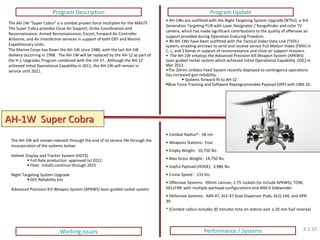 AH-1W Super Cobra 
Program Description 
Program Update 
Working Issues 
Performance / Systems 
• Combat Radius*: 58 nm 
• Weapons Stations: Four 
• Empty Weight: 10,750 lbs 
• Max Gross Weight: 14,750 lbs 
• Useful Payload (HOGE): 3,986 lbs 
• Cruise Speed : 131 kts 
• Offensive Systems: 20mm cannon, 2.75 rockets (to include APKWS), TOW, HELLFIRE with multiple warhead configurations and AIM-9 Sidewinder 
• Defensive Systems: AAR-47, ALE-47 Dual Dispenser Pods, ALQ-144, and APR- 39 * (Combat radius includes 30 minutes time on station and a 20 min fuel reserve) 
The AH-1W “Super Cobra” is a combat proven force multiplier for the MAGTF. The Super Cobra provides Close Air Support, Strike Coordination and Reconnaissance, Armed Reconnaissance, Escort, Forward Air Controller Airborne, and Air Interdiction services in support of both OEF and Marine Expeditionary Units. The Marine Corps has flown the AH-1W since 1986, with the last AH-1W delivery occurring in 1998. The AH-1W will be replaced by the AH-1Z as part of the H-1 Upgrades Program combined with the UH-1Y. Although the AH-1Z achieved Initial Operational Capability in 2011, the AH-1W will remain in service until 2021. 
The AH-1W will remain relevant through the end of its service life through the incorporation of the systems below: Helmet Display and Tracker System (HDTS) 
 Full Rate production approved Jul 2012 
 Fleet installs continue through 2015 Night Targeting System Upgrade 
 GFE Reliability kits Advanced Precision Kill Weapon System (APKWS) laser guided rocket system 
• AH-1Ws are outfitted with the Night Targeting System Upgrade (NTSU), a 3rd Generation Targeting FLIR with Laser Designator / Rangefinder and color TV camera, which has made significant contributions to the quality of offensive air support provided during Operation Enduring Freedom. 
• 90 AH-1Ws have been outfitted with the Tactical Video Data Link (TVDL) system, enabling aircrews to send and receive sensor Full Motion Video (FMV) in C, L, and S Bands in support of reconnaissance and close air support missions. 
• The AH-1W employs the Advanced Precision Kill Weapon System (APKWS) laser guided rocket system which achieved Initial Operational Capability (IOC) in Mar 2012. 
•The 20mm Linkless Feed System recently deployed to contingency operations has increased gun reliability. 
 Systems forward fit to AH-1Z 
Blue Force Tracking and Software Reprogrammable Payload (SRP) with LINK 16. 
4.1.10  
