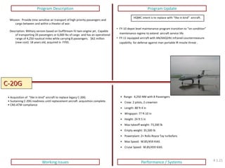 C-20G 
Program Description 
Program Update 
Working Issues 
Performance / Systems 
Mission: Provide time sensitive air transport of high priority passengers and cargo between and within a theater of war. Description: Military version based on GulfStream IV twin engine jet. Capable of transporting 26 passengers or 6,000 lbs of cargo and has an operational range of 4,250 nautical miles while carrying 8 passengers. $62 million (new cost). 18 years old, acquired in FY93. 
•FY-10 depot level maintenance program transition to “on condition” maintenance regime to extend aircraft service life. 
•FY-11 equipped aircraft with AN/AAQ24V infrared countermeasure capability for defense against man portable IR missile threat . 
• Acquisition of “like in kind” aircraft to replace legacy C-20G. 
• Sustaining C-20G readiness until replacement aircraft acquisition complete. 
• CNS-ATM compliance 
HQMC intent is to replace with “like in kind” aircraft. 
• Range: 4,250 NM with 8 Passengers 
• Crew: 2 pilots, 2 crewmen 
• Length: 88 ft 4 in 
• Wingspan: 77 ft 10 in 
• Height: 24 ft 5 in 
• Max takeoff weight: 73,200 lb 
• Empty weight: 35,500 lb 
• Powerplant: 2× Rolls-Royce Tay turbofans 
• Max Speed: M.85/459 KIAS 
• Cruise Speed: M.85/459 KIAS 
4.1.21  