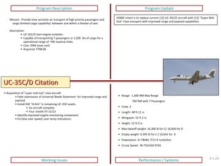 UC-35C/D Citation 
Program Description 
Program Update 
Working Issues 
Performance / Systems 
Mission: Provide time sensitive air transport of high priority passengers and cargo (limited cargo capability) between and within a theater of war. Description: 
•UC-35C/D twin engine turbofan. 
•Capable of transporting 7 passengers or 1,500 lbs of cargo for a operational range of 700 nautical miles. 
•Cost: $9M (new cost) 
•Acquired: FY98-06 
HQMC intent is to replace current (12) UC-35C/D aircraft with (12) “Super Mid- Size” class transport with improved range and payload capabilities. 
• Acquisition of “super mid-size” class aircraft. 
• Fleet submission of Universal Needs Statement for improved range and payload. 
• Install ASE “A-Kits” in remaining UC-35D assets. 
•Six aircraft complete 
•Four installs FY-12/13 
• Identify improved engine monitoring component. 
• Fix false over speed/ over temp indications. 
• Range: 1,300 NM Max Range 700 NM with 7 Passengers 
• Crew: 2 
• Length: 48 ft 11 in 
• Wingspan: 52 ft 2 in 
• Height: 15 ft 0 in 
• Max takeoff weight: 16,300 lb for C/ 16,830 for D 
• Empty weight: 9,395 lb for C / 10,642 for D 
• Powerplant: 2× P&WC JT15-D turbofans 
• Cruise Speed: M.755/420 KTAS 
4.1.24  