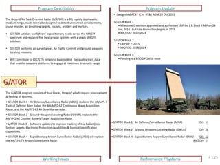 •G/ATOR Block 1: Air Defense/Surveillance Radar (ADSR) Qty 17 
•G/ATOR Block 2: Ground Weapons Locating Radar (GWLR) Qty 28 
•G/ATOR Block 4: Expeditionary Airport Surveillance Radar (EASR) Qty 12 AAO Qty 57 
G/ATOR 
Program Description 
Program Update 
Working Issues 
Performance / Systems 
The Ground/Air Task Oriented Radar (G/ATOR) is a 3D, rapidly deployable, medium range, multi-role radar designed to detect unmanned aerial systems, cruise missiles, air breathing targets, rockets, artillery and mortars. 
•G/ATOR satisfies warfighters’ expeditionary needs across the MAGTF spectrum and replaces five legacy radar systems with a single MAGTF solution. 
•G/ATOR performs air surveillance , Air Traffic Control, and ground weapons locating missions. 
•Will Contribute to CEC/CTN networks by providing fire quality track data that enables weapons platforms to engage at maximum kinematic range. 
•Designated ACAT IC in AT&L ADM 28 Oct 2011 G/ATOR Block 1 
• Milestone C decision approved and authorized LRIP lot 1 & Block II RFP on 24 Jan, 2014. Full rate Production begins in 2019. 
• IOC/FOC: 2017/2024 G/ATOR Block 2 
• LRIP lot 2: 2015 
• IOC/FOC: 2018/2024 G/ATOR Block 4 
• Funding is a BISOG POM16 issue 
The G/ATOR program consists of four blocks, three of which require procurement & fielding of systems. 
• G/ATOR Block 1 - Air Defense/Surveillance Radar (ADSR), replaces the AN/UPS-3 Tactical Defense Alert Radar, the AN/MPQ-62 Continuous Wave Acquisition Radar, and the AN/TPS-63 Air Surveillance radar. 
• G/ATOR Block 2 - Ground Weapons Locating Radar (GWLR), replaces the AN/TPQ-46 Counter-Battery/Target Acquisition Radar. 
•G/ATOR Block 3 – Software updates to improve tracking of low Radar Cross Section targets, Electronic Protection capabilities & Combat Identification capabilities. 
• G/ATOR Block 4 - Expeditionary Airport Surveillance Radar (EASR) will replace the AN/TPS-73 Airport Surveillance Radar. 
4.1.29  