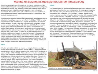 Once in the operating forces, Marines will use the Training and Readiness (T&R) program to become experts in planning and controlling MAGTF airspace, integrating organic Marine and joint fires, employing TDL and radio communications, MACCS agency employment, and will be trained to operate in a joint and coalition Environment. This expertise comes with a cost and requires a new emphasis on distributed learning capability, live-virtual-constructive (LVC) environments, and standards-based assessments. 
A common set of equipment and new MACCS employment options will also drive us to look at the feasibility of a common controller in the DASC and TAOC. Currently, controllers in the DASC are officers and a majority of controllers in the TAOC are enlisted operators. The goal is to be able to employ MAOCs staffed with enlisted common controllers possessing a broader skill set and MACCS officers trained to become agency directors much earlier in their careers. To complement this, enlisted MACCS Marines will retain agency specific skill sets early in their careers and then transition to becoming common aircraft controllers and finally to MACCS specialists later in their careers. To do this we will need to greatly enhance our simulation capabilities and usage in the operating forces and in the supporting establishment. The first step in this process was the creation of the Air Control Training Squadron (ACTS) at Marine Corps Communications Electronic School (MCCES) at 29 Palms, California. ACTS has successfully combined three of the four MACCS entry level school houses. The next steps will be to redesign enlisted and officer training to address these new training paradigms. 
Officers 
To further achieve this endstate we envision our entry-level training paradigm creating MACCS officers that understand all facets of MACCS employment and not just their primary MOS. In addition to learning their primary MOS in air defense, air support, GBAD or MATC, all MACCS officers will receive instruction in civil/military airspace, fires integration, digital interoperability, planning and employment of the MACCS agencies, and instruction in joint and coalition Operations. This shifts the emphasis of company grade officers away from initial controller qualifications and re-focuses them as agency directors and planners. This creates a more well- rounded AC2 officer much earlier in their career and better prepares them to perform duties in the TACC as well as their primary agency. This early exposure would also enhance an officer’s knowledge baseline as they approach their duties as department heads. Most importantly it will empower our MACCS officers to operate independently in a distributed operations environment and support future agency concepts such as the MAOC. 
Enlisted 
Early in their careers our enlisted Marines will hone their skills as operators in the specific agency for which they were initially trained. As they progress through the NCO ranks they will be given the opportunity to be trained as common aircraft controllers to work in the DASC, TAOC, or a MAOC if needed. A move toward creating a common controller will baseline tactical controller skills across the MACCS, create enlisted controllers in the DASC, and provide a larger pool of experienced controllers that gives greater professional continuity for an extremely perishable skillset. The ideal skillset we will build is: the ability to positively and procedurally control aircraft; an intimate knowledge of TDL, AC2 software applications, and communications equipment; and expertise in MAGTF command and control and fires integration. The career progression for a Marine in the DASC or TAOC will logically flow from operator (Pvt – Cpl), to controller (Sgt – GySgt), to enlisted subject matter expert (MSgt – MGySgt). This progression aligns and better defines the career paths of our TAOC and DASC Marines. It also creates a better operator for the TACC because of their exposure to different aspects of the MACCS prior to working in the wing commander’s command post. Our enlisted Marines are the technical and tactical bedrock of our community and we need to ensure that we are making the best training available to them through all phases of their careers. 
MARINE AIR COMMAND AND CONTROL SYSTEM (MACCS) PLAN 
2.2.11 
MACG-18 ASE for Operation DAMAYAN 2013  
