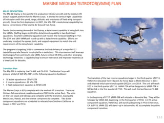 MARINE MEDIUM TILTROTOR(VMM) PLAN 
MV-22 DESCRIPTION: 
The MV-22 Osprey is the world’s first production tiltrotor aircraft and the medium lift assault support platform for the Marine Corps. It blends the vertical flight capabilities of helicopters with the speed, range, altitude, and endurance of fixed-wing transport aircraft. Since the first deployment in 2007, the MV-22B’s revolutionary capability has been a cornerstone of the Marine Air Ground Task Force. 
Due to the increasing demand of the Osprey, a detachment capability is being built into the VMMs. Staffing began in 2014 for detachment capability in two East Coast squadrons. Fourteen additional squadrons will receive the increased staffing in FY17. The 17th and 18th VMMs will stand-up with a detachment capability. Efforts are underway to adjust the spares, tools, and support equipment to match the unit requirements of the detachment capability. 
The program is targeting 2035 to commence the first delivery of a major MV-22 capability upgrade (beyond simple platform evolution). This improvement will leverage technologies from joint multi-role (JMR), future vertical lift (FVL), and other emerging technology initiatives: a capability leap to ensure relevance and improved readiness at a lower cost for decades. 
Transition Plan: The MV-22B is replacing the CH-46E and CH-53D. The Marine Corps will procure a total of 360 MV-22B’s in the following squadron beddown: 
•18 active squadrons x 12 MV-22B 
•2 reserve squadrons x 12 MV-22B 
•1 fleet replacement squadron x 20 MV-22B The Marine Corps is 65% complete with the medium lift transition. There are thirteen full operational capable squadrons (FOC) in the active fleet. The units on the East Coast and Okinawa are complete with the transition, leaving the West Coast, Hawaii, and the reserve component to complete. Two active component squadrons are scheduled to relocate from Southern California to Hawaii in FY17 and FY18. 
The transition of the two reserve squadrons began in the third quarter of FY13. VMM-764 relocated from Edwards Air Force Base to MCAS Miramar in 2013 and attained initial operational capable (IOC) in June 2014. The unit will reach FOC in the third quarter of FY16. HMM-774 will re-designate to VMM-774 at NS Norfolk in the first quarter of FY15. This will mark the last Marine CH-46E squadron. In the beginning of FY17, VMM-268 will relocate to Kaneohe Bay. They will be followed by VMM-363, beginning in the first quarter of FY18. A 17th active component squadron, VMM-362, will stand-up beginning in FY18 in Miramar, CA. In FY19, VMM-212 will stand -up in Jacksonville, NC to complete the active component transition. 
2.5.2  
