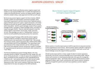 Marine aviation is transforming to posture itself for operations in new and uncertain 
austere expeditionary environments. Marine aviation logistics (AVLOG) is aligning its 
concept of operations and support to ensure it is ready to meet both current and 
future challenges across the range of military operations. 
AVLOG transformation will be a critical enabler for Marine aviation operations, 
specifically in the Pacific Command (PACOM) area of responsibility (AOR). Marine 
aviation will transition to a distributed lay down plan that spans this strategically 
important geographic region. Specifically, Marine aviation will be based at and/or 
deployed to Hawaii, Japan, Guam, and Australia, with remote locations relying on 
buffering management systems and reach back capability to aviation logistics 
squadrons. 
MALSP provides flexible and effective aviation logistics support and 
readiness to the deployed MAGTF ACE. It enables ACE logisticians to 
rapidly and efficiently identify, marshal, and deploy aviation logistics 
elements needed to keep a task-organized mix of ACE aircraft ready. 
By structuring aviation logistics support into force modules, MALSP 
provides credible and replenishable sustainment packages, while 
reducing lift requirements and force closure times. Required aviation 
logistics elements (personnel, spares, support equipment, and mobile 
facilities) are formed into specific support packages that are retained 
within every MALS. Specific support packages consist of fly-in support 
packages (FISPs), contingency support packages (CSPs), and follow-on 
support packages (FOSPs). They are sized and tailored to meet the 
aviation logistics requirements of each type, model, and series 
aircraft. These packages are used in a “building block” fashion to 
maintain aircraft availability during every phase of an operation. 
Contingency Support Packages (CSPs) identify aviation logistics 
support for Marine contingency requirements based upon the 
readiness/sortie rate requirement of the MAGTF ACE. CSPs provide 
the necessary people, support equipment (SE), mobile facilities (MFs), 
and spare/repair parts for each MAG/MALS. The spare/repair parts 
are computed at the combat utilization rate for a 90 day duration. 
CSPs ensure that adequate common and peculiar support is available 
for separate/sustained operational commitments when attached to a 
“host” MALS. 
The Remote Expeditionary Support Package (RESP) is the most 
tailorable element of MALSP, consisting of the FISP, people, MF, and 
SE for a thirty-day duration. In order to capture the composition of a 
RESP, a workbook has been designed for each Type/Model/Series 
(T/M/S) aircraft. Each workbook will capture data that will enable 
planners to access quickly the solution for current and future 
deployments alike. Each current readiness T/M/S team lead will be 
responsible for the input and upkeep of the RESP workbooks. 
AVIATION LOGISTICS: MALSP 
Marine Aviation Logistics Support Program 
Contingency Support Package 
2.8.1 
 