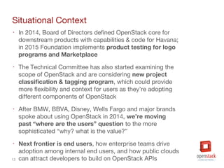 13
Situational Context
‣ In 2014, Board of Directors defined OpenStack core for
downstream products with capabilities & code for Havana;
in 2015 Foundation implements product testing for logo
programs and Marketplace
‣ The Technical Committee has also started examining the
scope of OpenStack and are considering new project
classification & tagging program, which could provide
more flexibility and context for users as they’re adopting
different components of OpenStack
‣ After BMW, BBVA, Disney, Wells Fargo and major brands
spoke about using OpenStack in 2014, we’re moving
past “where are the users” question to the more
sophisticated “why? what is the value?”
‣ Next frontier is end users, how enterprise teams drive
adoption among internal end users, and how public clouds
can attract developers to build on OpenStack APIs
 
