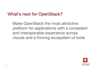 14
What’s next for OpenStack?
Make OpenStack the most attractive
platform for applications with a consistent
and interoperable experience across
clouds and a thriving ecosystem of tools
 