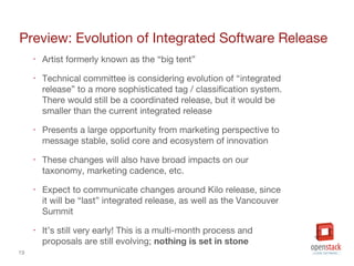 19
Preview: Evolution of Integrated Software Release
‣ Artist formerly known as the “big tent”
‣ Technical committee is considering evolution of “integrated
release” to a more sophisticated tag / classification system.
There would still be a coordinated release, but it would be
smaller than the current integrated release
‣ Presents a large opportunity from marketing perspective to
message stable, solid core and ecosystem of innovation
‣ These changes will also have broad impacts on our
taxonomy, marketing cadence, etc.
‣ Expect to communicate changes around Kilo release, since
it will be “last” integrated release, as well as the Vancouver
Summit
‣ It’s still very early! This is a multi-month process and
proposals are still evolving; nothing is set in stone
 