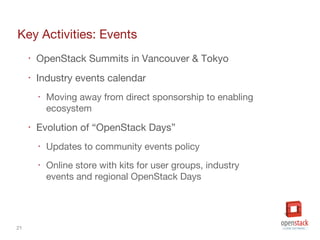 21
Key Activities: Events
‣ OpenStack Summits in Vancouver & Tokyo
‣ Industry events calendar
‣ Moving away from direct sponsorship to enabling
ecosystem
‣ Evolution of “OpenStack Days”
‣ Updates to community events policy
‣ Online store with kits for user groups, industry
events and regional OpenStack Days
 