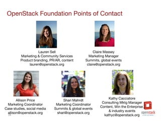 28
OpenStack Foundation Points of Contact
Shari Mahrdt
Marketing Coordinator
Summits & global events
shari@openstack.org
Claire Massey
Marketing Manager
Summits, global events
claire@openstack.org
Allison Price
Marketing Coordinator
Case studies, social media
allison@openstack.org
Kathy Cacciatore
Consulting Mktg Manager
Content, Win the Enterprise
& industry events
kathyc@openstack.org
Lauren Sell
Marketing & Community Services
Product branding, PR/AR, content
lauren@openstack.org
 
