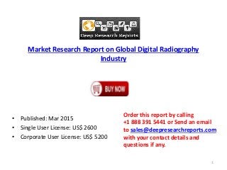 Market Research Report on Global Digital Radiography
Industry
• Published: Mar 2015
• Single User License: US$ 2600
• Corporate User License: US$ 5200
Order this report by calling
+1 888 391 5441 or Send an email
to sales@deepresearchreports.com
with your contact details and
questions if any.
1
 