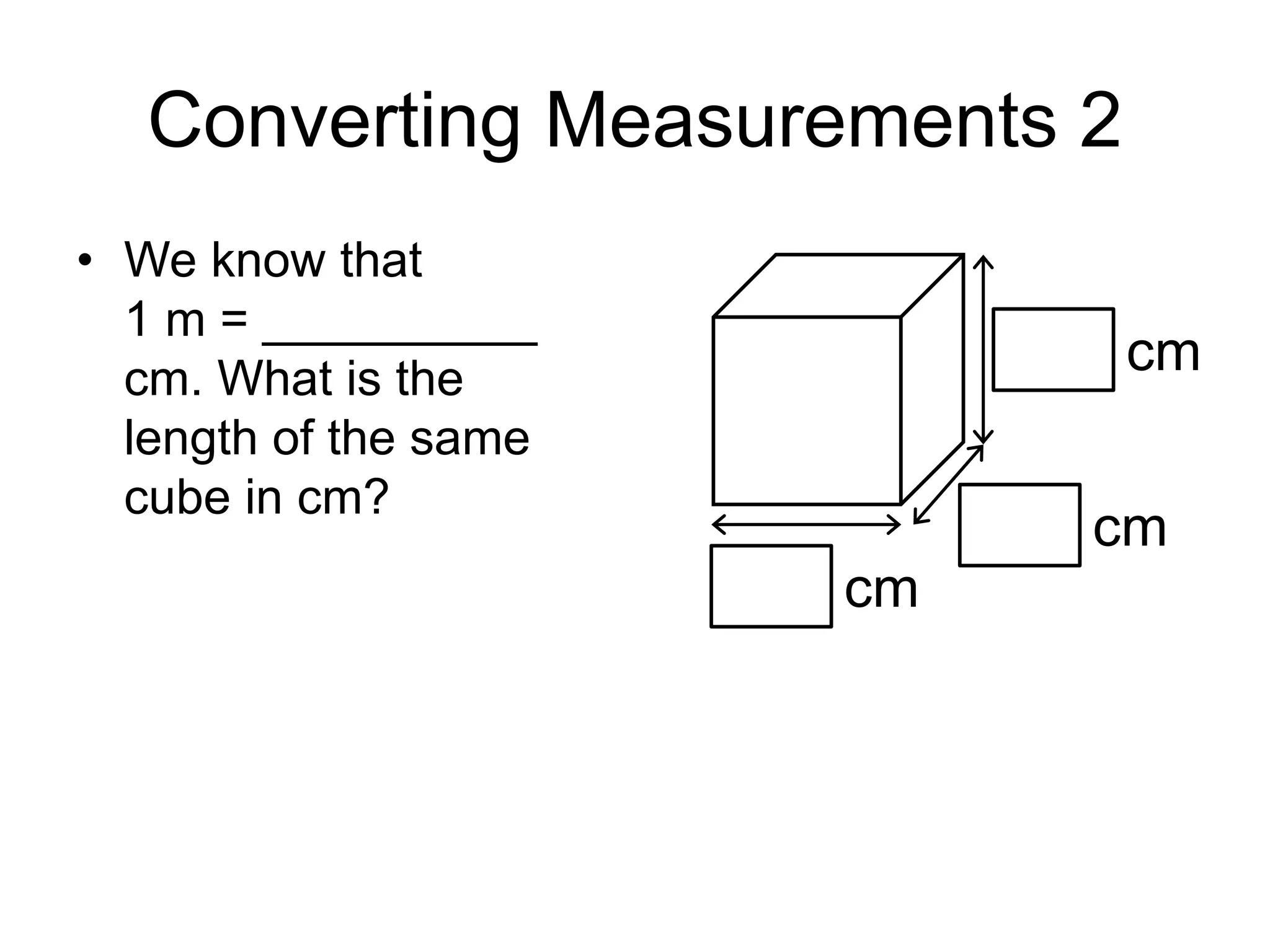Converting Measurements 2
• We know that
1 m = __________
cm. What is the
length of the same
cube in cm?
cm
cm
cm
 