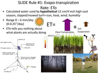 SLIDE Rule #1: Evapo-transpiration
Rate: ETo
• Calculated water used by hypothetical 12 cm/4 inch high cool
season, clippe...