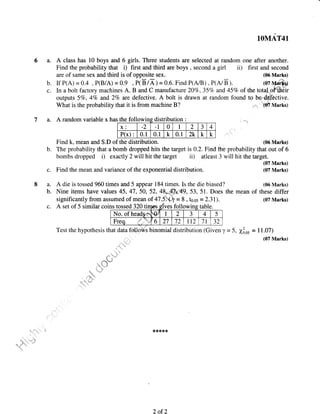 8a.
b.
lOMAT41
a. A class has 10 boys and 6 girls. Three students are selected at random one after another.
Find the probability that i) first and third are boys , second a girl ii) first and second
are of same sex and third is of opposite sex. (06 Marks)
b. If P(A) =0.4, P(B/A)=0.9 ,P(B/A)=0.6. FindP(A/B), P(A/B). (07Mni"*b
c. In a bolt factory machines A, B and C manufacture 2A7o,357a and 457o of the totalofffidir
outputs 57o, 47o and 27o are defective. A bolt is drawn at random found to be,*dgfeCtive.
What is the probability that it is from machine B? (07 Marks)
a. A random variable x has the follo distributi
Find k, mean and S.D of the distribution. (06 Marks)
b. The probability that a bomb dropped hits the target is 0.2. Find the probability that out of 6
bombs dropped i) exactly 2 will hit the target ii) atleast 3 will hit the target.
c. Find the mean and variance of the exponential distribution.
(07 Marks)
(07 Marks)
(06 Marks)
the mean of these differ
(07 Marks)
c. A set of 5 similar coins tossed 320 tinlos gtves following table.
No. of heads,.,v -Ot 1 2 3 4 5
Freq. ,d ,*"+ 6 27 72 tt2 7t 32
Test the hypothesis that data folloWs binomial distribution (Given y = 5,, Xloos = 11.07)
. li'
**{€{€{€
A die is tossed 960 times and 5 appear 184 times. Is the die biased?
Nine items have values 45, 47, 50, 52, 48*",,Mu49, 53, 5 1. Does
significantly from assumed of mean of 07.5--'@ = 8 , h.os = 2.31).
w 10n :
x: -2 -1 0 I 2 3 4
P(x) : 0.1 0.1 k 0.1 2k k k
2 of 2
 