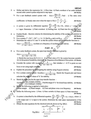108S43
Define and derive the expression fur : i) Rise time ii) Peak o.;ershoct of an under-dampeC
second order control system subjected to step input. (06 Marks)
For a unit feedback confrol system with : G(s) -
19(s + 2)
, Find : i) The static error
s'(s + 1)
coefficients ii) Steady state error when the input is R(s) = 1- +.+ (06 Marks)
S s' 3s'
_#ffi
c. A system is given by differential equation
#.4*+8y=8x,
where y: orr,p+S#S
x - input. Determine : i) Peak overshoot ii) Settling time iii) Peak time for unit
"&#*ihput.#hq6g *arks)
"
4 a. Explain Routh - Hunvitz cntenon for determining the stability of the sVf$n--,ant[ mention its
limitations. *&^ *d (06 Marks)
b. Forasystem sa +22s3+ 10s2+ s *k:0, findKmarand o atK-*. --?m (06 Marks)
c. Determine the value of ok'
and 'b' so that the system whose opeqlgpffiransfer function rs :
G(s) = , I(t,
*
? , oscillates at a frequency of oscillatio;rrffi*a/sec. (08 Marks)
PART-B i*Yee. W
fl#k;
5 a. Fcr a uniti, fbedback system, the open loop trsnsfbr f}fttion is given by:
2^J (t.
b.
b.
6a.
b.
r-m-- "'/ s(s + 2)(s' + 6s + 25) #'%* ',#
i) Sketch the root locus for 0 < k < o iD S.ffirhat value of 'k' the system becomes unstable
iii) At thispointofinstability,determffi$re frequencyofoscillationsofthesystem. (15 Marks)
,# *tts.
"tfrs{fr l
k
Consider the system with G(s) L-}:, find whether s : -0.75 is point on root
s(s+2)(s+a)
Iocus or not usmg angle con*qwl. (05 Marks)
Explain the procedure fo;dftSfitigating the stability using Nyquist criterion. (05 Marks)
.#*
Foracertaincontro;ffi3m:G(s)H(s)=*.SketchtheNyquistp1otandhence
^fu#* s(s + 2)(s + l0). #uw
calculate the rffi{f values of ok'
for stability.
s'W
(15 Marks)
a. Sketch the
+ 0.2s)(1 + 0.021s)
- , Find the range of .k, forclosed loop stability. (14 Marks)
margin ii) Phase margin iii) Gain and phase cross over frequency. (06 Marks)
8* ffiOetne the ftrllowrng ternos : i) State ii) State variable iii) State space iv) State transition.
(04 Marks)
"ffi- b.'"k ru
A system is described by the differential equation,
gI *
39
.f * 1
y , Ja-y . Ltoyi^- d'y , 3d'y .lTdy
dt3 dt2 dt
is the output and'u'is input to the system. Determine the state space representation of the
system.
c. Obtain the state equations for the electricalnetworkshown in Fig. Q8(c).
:f**rfrf
2 of2
(06 Marks)
(10 Marks)
[,
Fig.Q8(c)
 