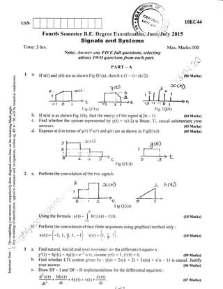 USN rt
o'
ro
10EC44
2015
Max. Marks:100
*dq#
.i:r ,1 .
|::
:::..:
,'!;'tt, irit'1
;
n; (06 Marks)
Dccn)
I
Time: 3 hrs.
PART _ A
1 a. If x(t) and y(t) are as shown Fie.Ql(a), sketch x (1 - t). y(tl}).
$igmals amrJ Systerms
Note: Answey upty FI'VtE f,ull qaestions, selecting
atleast TYV'O qwestions f,rorn each part"
()
I
()
(€
3i
a
(.)
0)
lr
EEoo-cBi
Q;-
-yi
tll t-,
=n
ico
.= c
d$
9d(l)tr
-c c)
8?
a=
()o)
(rlo
o'o@idcS
!b
}E!u5
'13 co
5ts
5jro-
=;ir. 5.
Fii
()J
9E3()i, li=
(tr;
t.,!()
5?t
>i q-
oo-tr qrl
()=!v
=9
'*,
F)t i : "4-
U
(J
-rLr d.
o{
-
c.l
c)
z
(g
f
oq
-l
3&>
_r-*[L.di o I
Fig. Q 1 (a.1 Fig.1Q(b)
b. If x(n) is as shown Fig.l(b), find the enerq), of the signal x(2n - I ). (04 Marks)
c- Find whether the system represented by :'(t) - x(tl'2) is lifiear, T'I, causal substantiate your
answers. (05 iviarks)
d. Express x(t) in terms of g(t) if x(t) and g(t) are as shown in FigQl(d): (05 Marks)
aLo
r--1
;l__=>taJ
Fig.Q i (d)
,,..*.'-
3a.
b.
a. Perform the convolution of the t,.vo signals.
hc+;
Fig.Q2(a)
method only :
Find natural, forced a.nd total resDonses ibr the dift'erential equaticn :
y"(t) + 4y'(t) + ay(t) - r-'it,,rnit), assume 1,((i,i: 1,)r(0) - 0.
Find whether LTI system given by : y(n) :Zx(n + 2) + 3x(n) + x(n - 1) is
your answer.
Draw DF - I and DF - II irnplementations ior the differential equation :
@* Sdv(t)
+ 4y(t) - x(r) *
o"j,)
.
dt" dt r/ dt
_ .J.i
U-$ing the formula : y(t) - J h(.r)x(t - t)rlr.
Perform the convolution of two finite sequences using graphical
f)r)ttll
x(n) - J-1, 1, Q, 1, -l i ;r(n) =, jl, 7. :^'f .
t 'f 1 i I
(10 Marks)
(10 Marks)
(09 Marks)
causal. Justify
(04 Marks)
(07 Marks)
c.
 