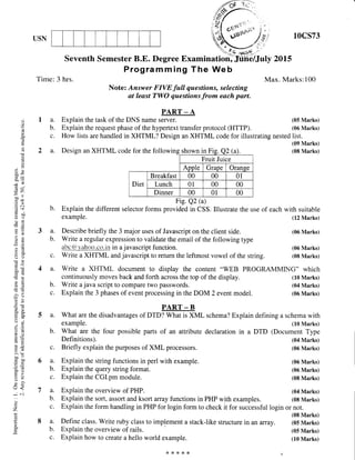 USN 10cs73
20ts
Max. Marks:100
(05 Marks)
(06 N{arks)
(06 Marks)
(06 Marks)
(08 Marks)
i(.)
,)
ti
o-
'a
o
2
C)X
bo-
-y-
3
ao ll
aQ+
.=Adt
oc
-c2
?,
a5
CJU
botr
---5d-
Oj,
aX
ors
0():
AJ
o=
S'ra tL,
i< (.)
6.=>a'*
boc
a AfJ
.)=
'.-L a
Yr<
U<
-
(^.l
o
z
Li
o
o-
E
1a.
b.
C.
a.
How lists are handled in XHTML? Design an XHTML code for illustrating nested list.
(09 Marks)
(08 Marks)
b. Explain the different selector forms provided in CSS. Illustrate the use of each with suitable
example. (12 Marks)
b.
c.
Write a java script to compare two passwords.
Explain the 3 phases of event processing in the DOM 2 event model.
PROGRAMMING" which
(10 Marks)
(04 Marks)
(06 Marks)
(10 Marks)
attribute declaration in a DTD (Document Type
(04 Marks)
(06 Marks)
(06 Marks)
(06 Marks)
(08 Marks)
PART - B
a. What are the disadvantages of DTD? What is XML schema? Explain defining a schema with
example.
b. What are the four possible parts of an
Definitions).
c. Briefly explain the purposes of XML processors.
a. Explain the string functions in perl with example.
b. Explain the query string format.
c. Explain the CGI.pm module.
a. Explain the overview of PHP. (04 Marks)
b. Explain the sort, assort and ksort array functions in PHP with examples. (08 Marks)
c. Explain the form handling in PHP for login form to check it for successful login or not.
(08 Marks)
(05 Marks)
(05 Marks)
(10 Marks)
a. Define class. Write ruby class to implement a stack-like structure in ar- affay.
b. Explain the overview of rails.
c. Explain how to create a hello world example.
Seventh Semester B.E. Degree
Programming
Time: 3 hrs.
Note: Answer FIVE full questions, selecting
at least TWO questions from each port.
PART - A
Explain the task of the DNS name server.
Explain the request phase of the hypertext transfer protocol (HTTP).
a. Describe briefly the 3 major uses of Javascript on the client side.
b. Write a regular expression to validate the email of the following type
all g G) ):.irhoo_. co- in in a j avascript function.
c. Write a XHTML and javascript to return the leftmost vowel of the strino
a. Write a XHTML document to display the content "WEB
continuously moves back and forth across the top of the display.
Design an XHTML code for the following shown in Fi
Fig. Q2 (a)
Fruit Juice
Dinner
*****
 